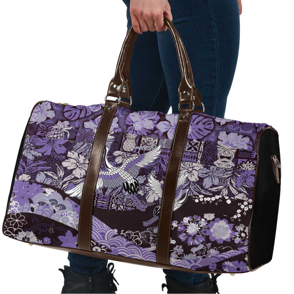 Japanese Hawaiian Crane Travel Bag Purple Tapa Patchwork Pattern