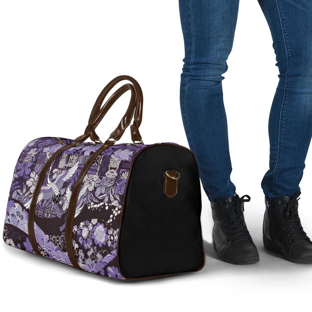 Japanese Hawaiian Crane Travel Bag Purple Tapa Patchwork Pattern