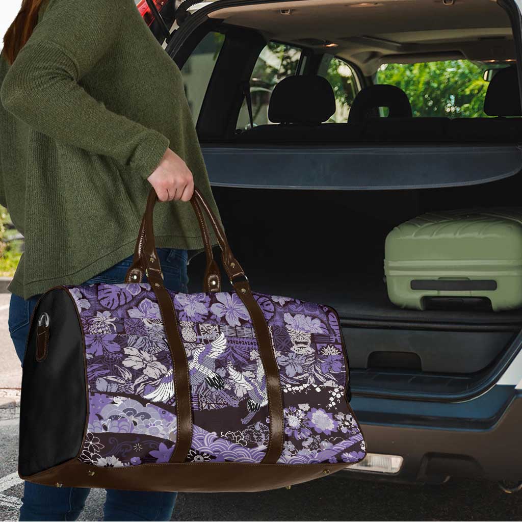 Japanese Hawaiian Crane Travel Bag Purple Tapa Patchwork Pattern