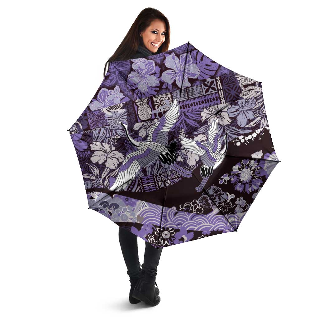 Japanese Hawaiian Crane Umbrella Purple Tapa Patchwork Pattern