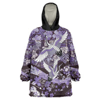Japanese Hawaiian Crane Wearable Blanket Hoodie Purple Tapa Patchwork Pattern