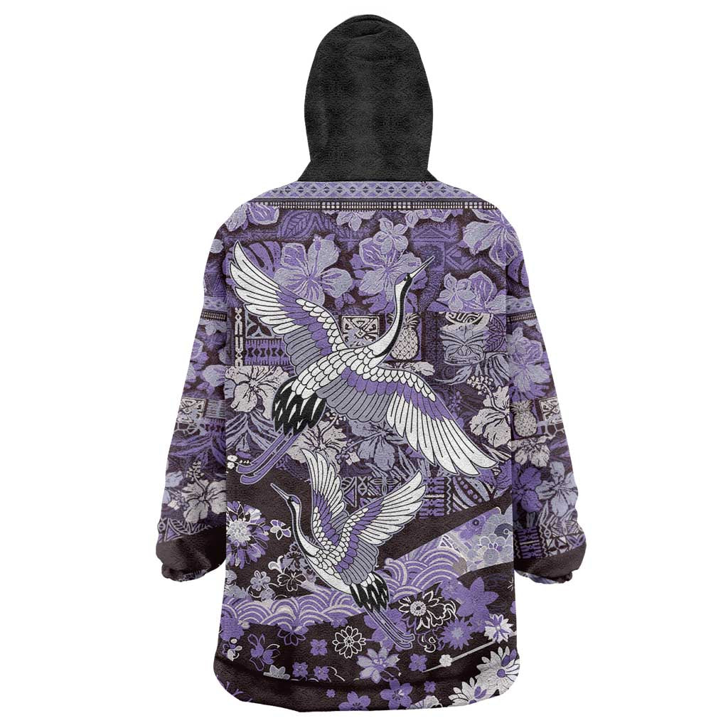 Japanese Hawaiian Crane Wearable Blanket Hoodie Purple Tapa Patchwork Pattern