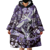 Japanese Hawaiian Crane Wearable Blanket Hoodie Purple Tapa Patchwork Pattern
