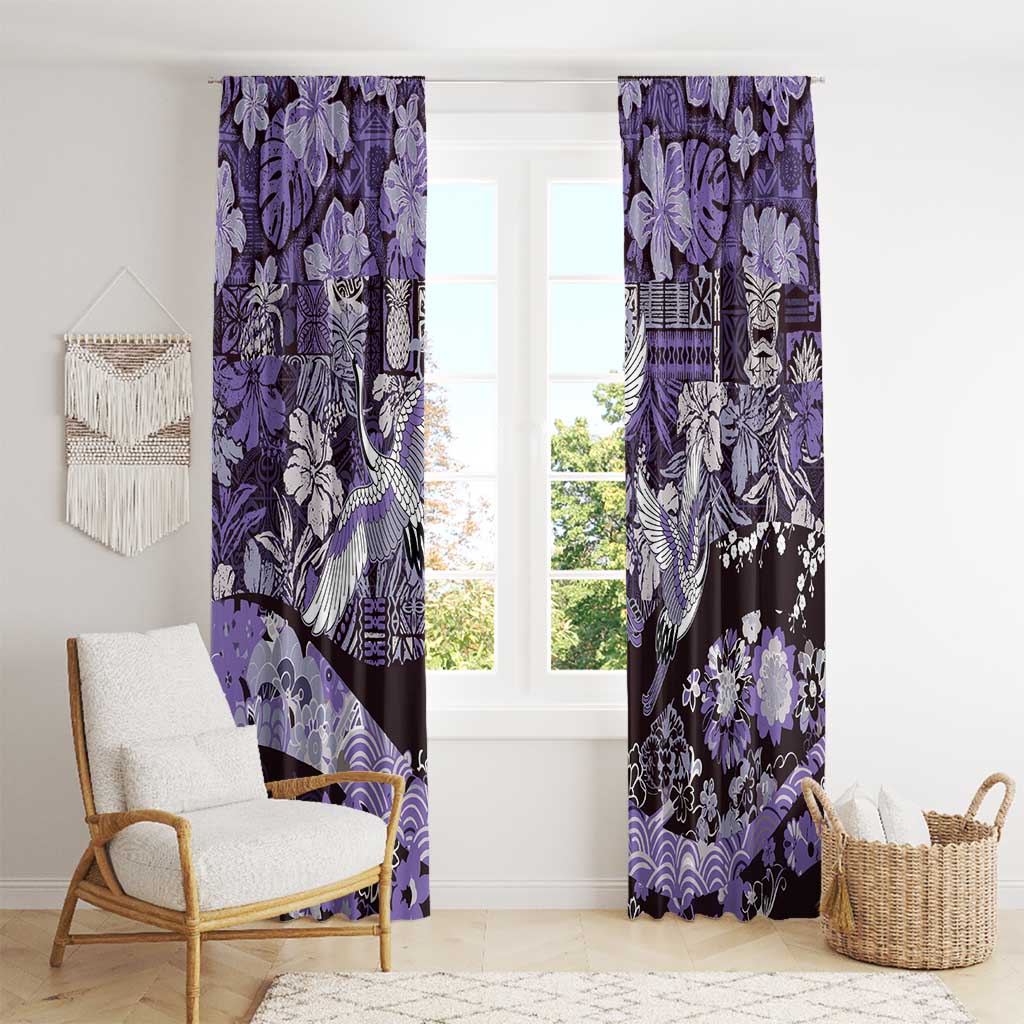 Japanese Hawaiian Crane Window Curtain Purple Tapa Patchwork Pattern