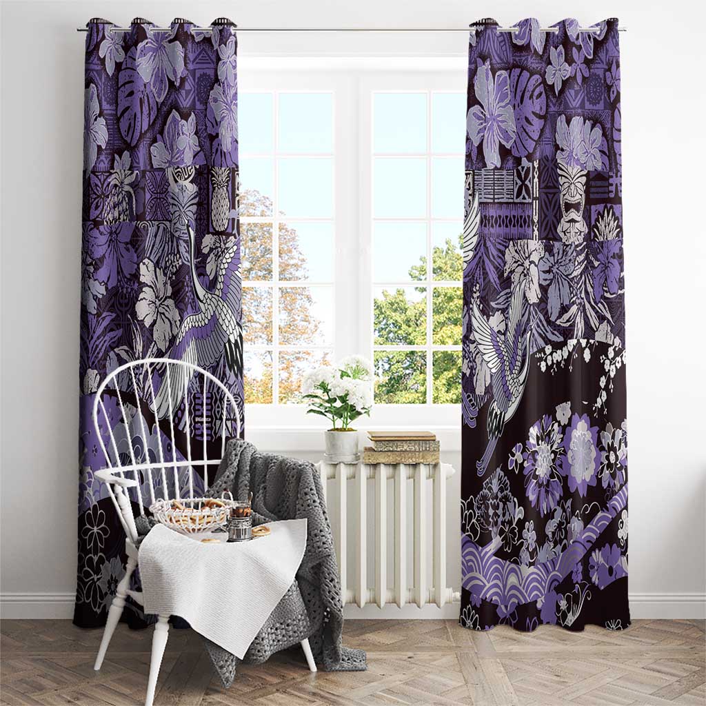Japanese Hawaiian Crane Window Curtain Purple Tapa Patchwork Pattern
