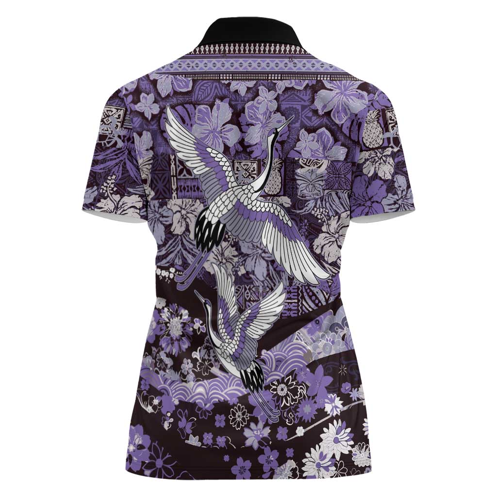 Japanese Hawaiian Crane Women Polo Shirt Purple Tapa Patchwork Pattern