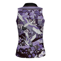 Japanese Hawaiian Crane Women Sleeveless Polo Shirt Purple Tapa Patchwork Pattern