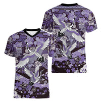 Japanese Hawaiian Crane Women V-Neck T-Shirt Purple Tapa Patchwork Pattern