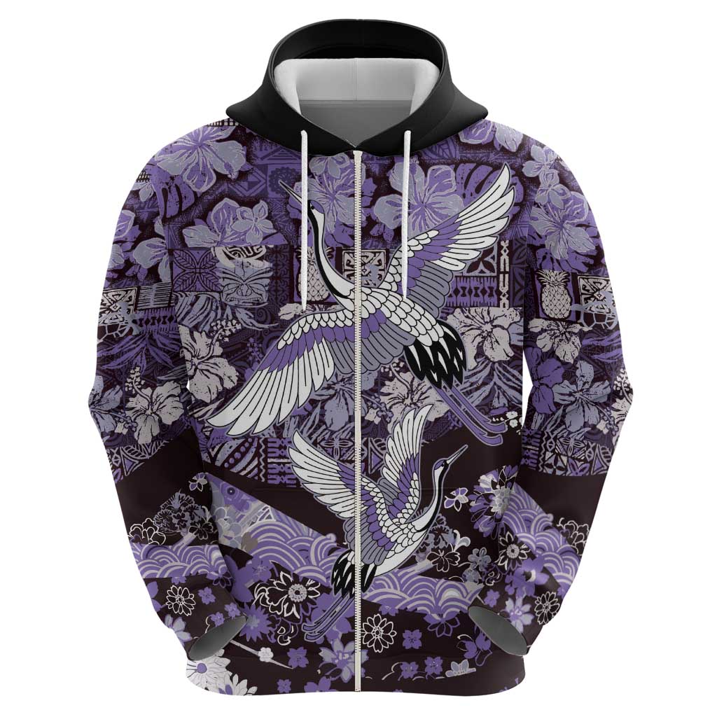 Japanese Hawaiian Crane Zip Hoodie Purple Tapa Patchwork Pattern