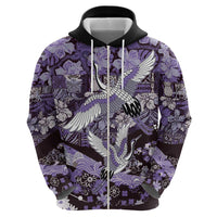 Japanese Hawaiian Crane Zip Hoodie Purple Tapa Patchwork Pattern