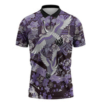 Japanese Hawaiian Crane Zipper Polo Shirt Purple Tapa Patchwork Pattern