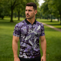 Japanese Hawaiian Crane Zipper Polo Shirt Purple Tapa Patchwork Pattern