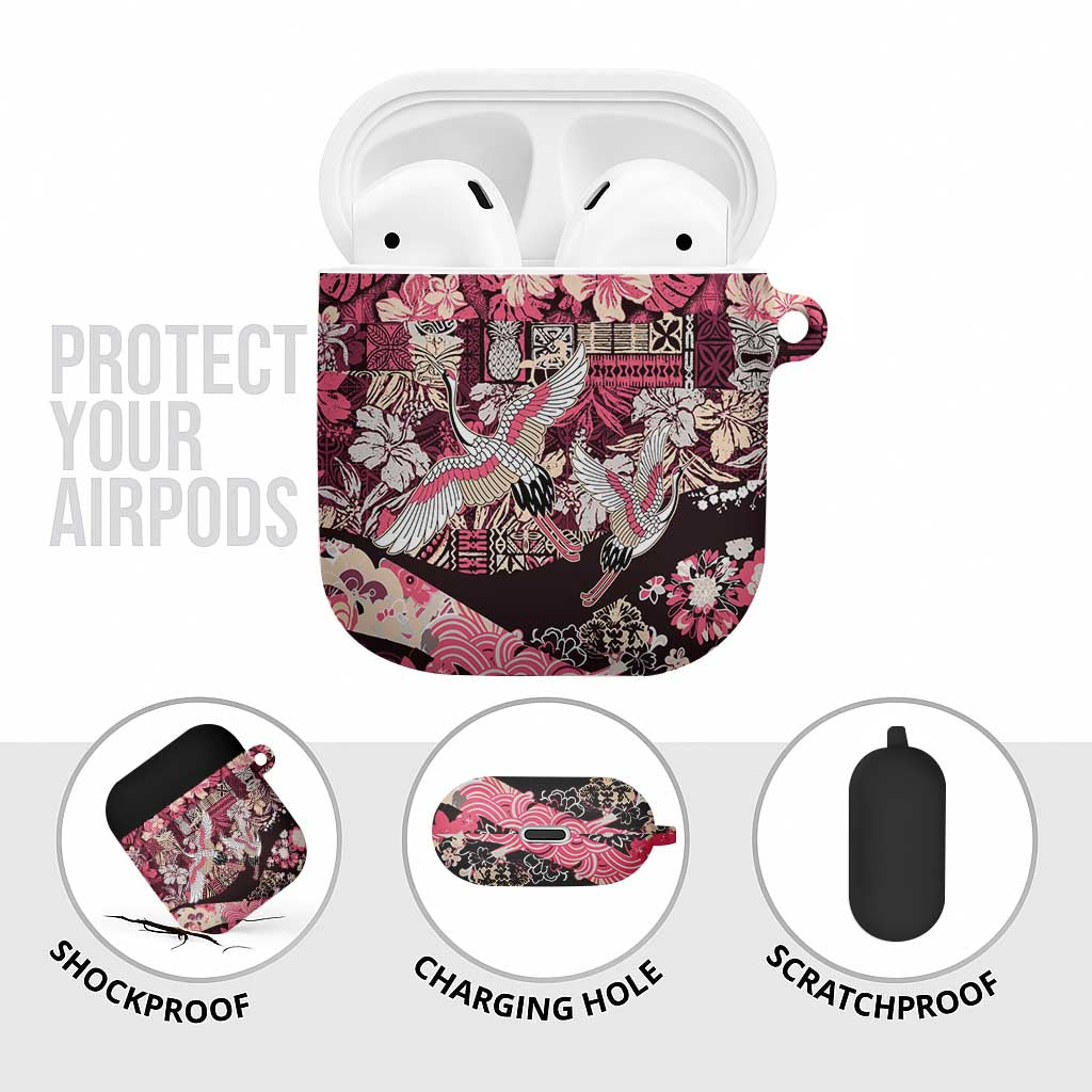 Japanese Hawaiian Crane AirPods Case Soft Pink Tapa Patchwork Pattern
