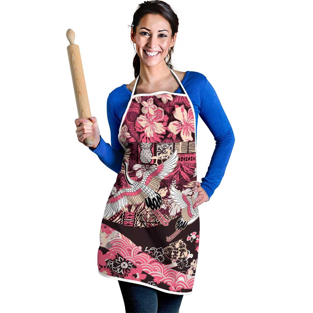Japanese Hawaiian Crane Apron Soft Pink Tapa Patchwork Pattern