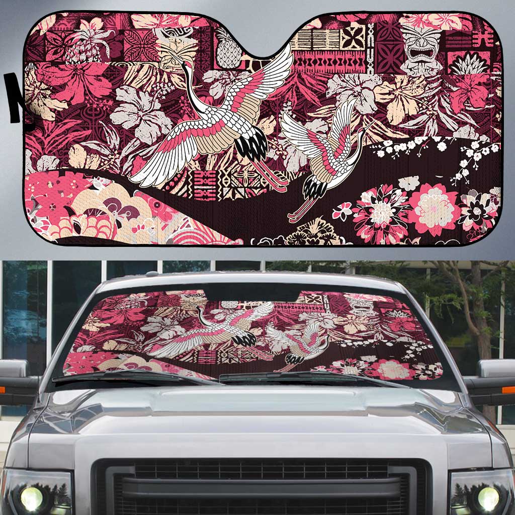 Japanese Hawaiian Crane Auto Sun Shade Soft Pink Tapa Patchwork Pattern
