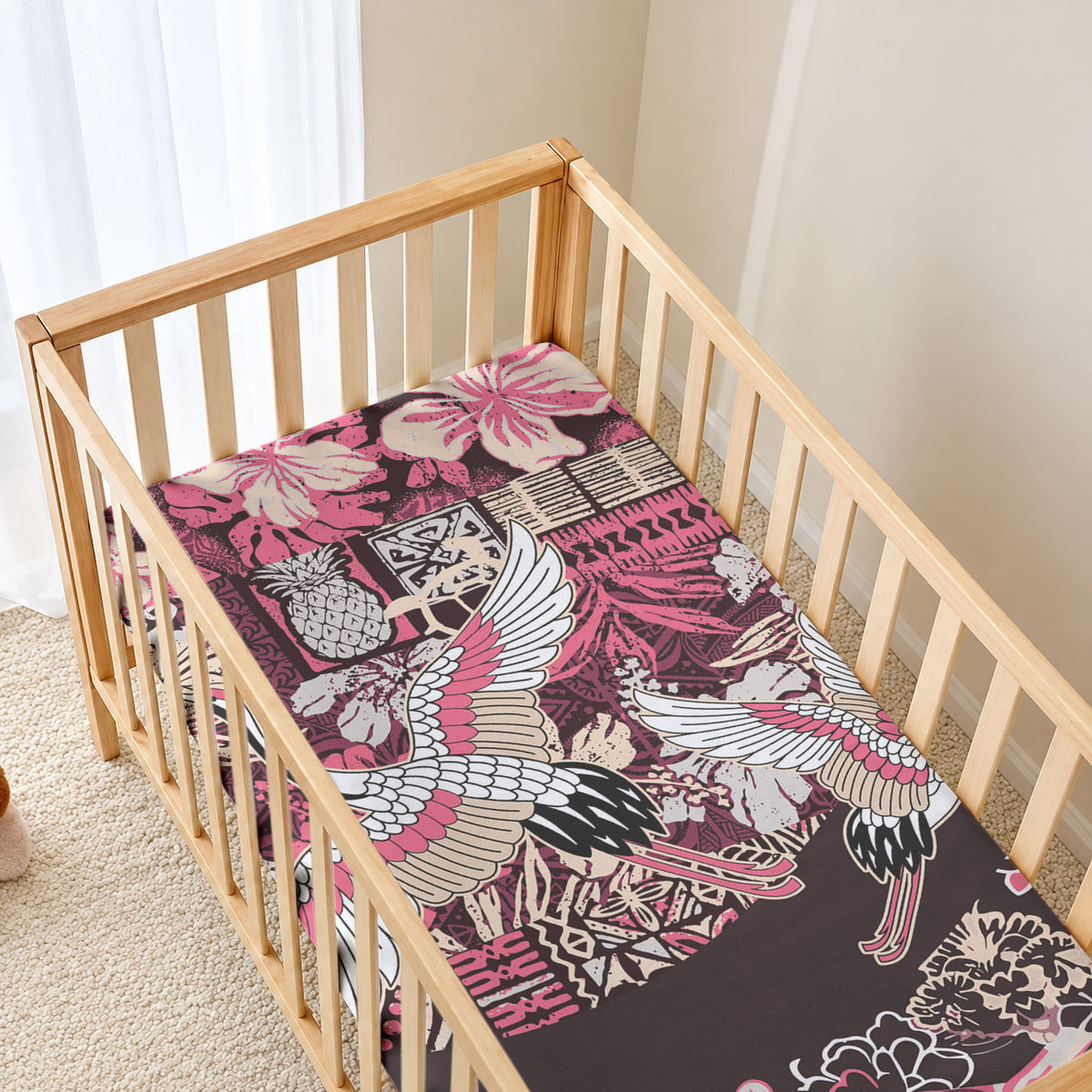 Japanese Hawaiian Crane Baby Bed Cover Soft Pink Tapa Patchwork Pattern LT9 - Polynesian Pride