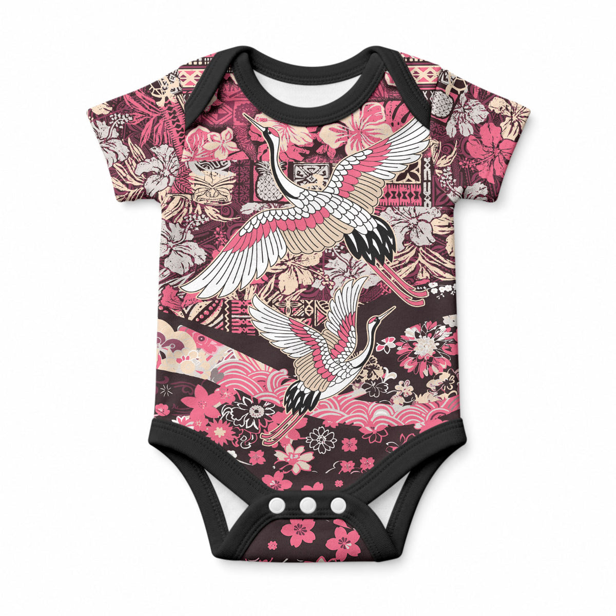 Japanese Hawaiian Crane Baby Onesie Soft Pink Tapa Patchwork Pattern LT9 Blue - Polynesian Pride