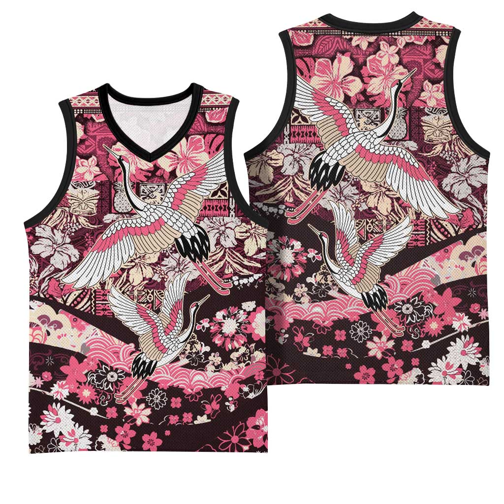 Japanese Hawaiian Crane Basketball Jersey Soft Pink Tapa Patchwork Pattern