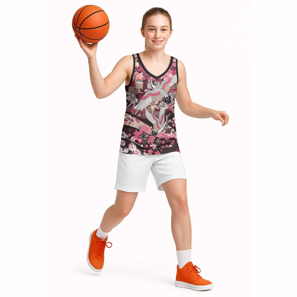 Japanese Hawaiian Crane Basketball Jersey Soft Pink Tapa Patchwork Pattern