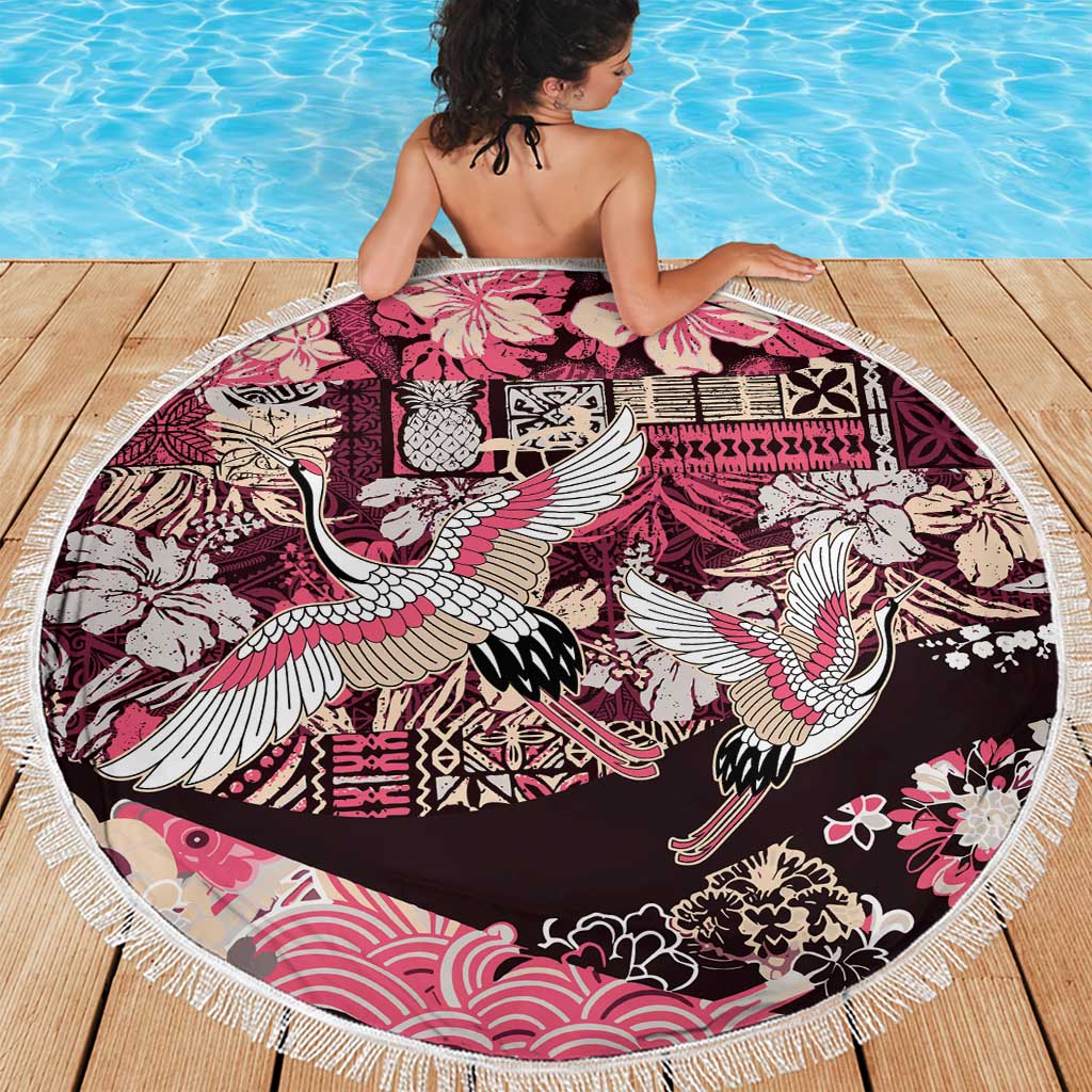 Japanese Hawaiian Crane Beach Blanket Soft Pink Tapa Patchwork Pattern
