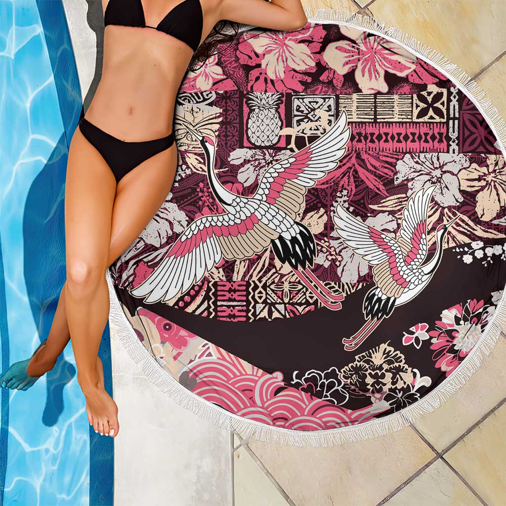 Japanese Hawaiian Crane Beach Blanket Soft Pink Tapa Patchwork Pattern