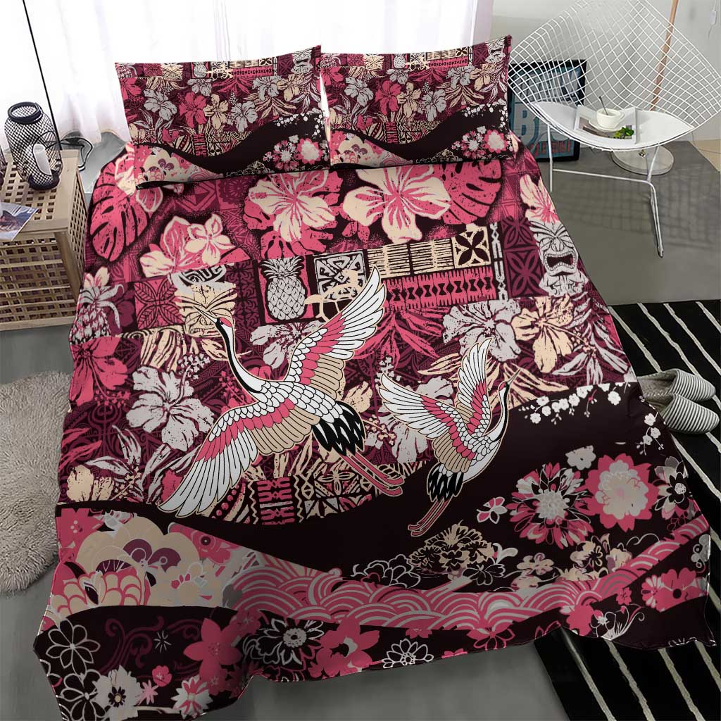 Japanese Hawaiian Crane Bedding Set Soft Pink Tapa Patchwork Pattern
