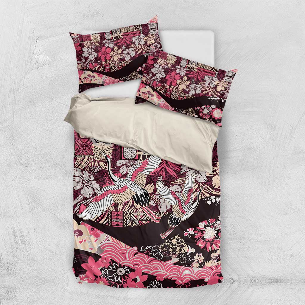 Japanese Hawaiian Crane Bedding Set Soft Pink Tapa Patchwork Pattern