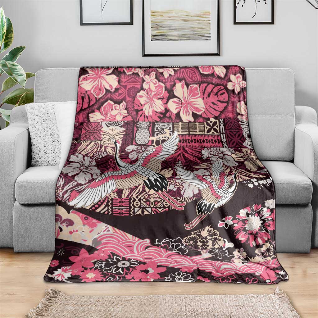 Japanese Hawaiian Crane Blanket Soft Pink Tapa Patchwork Pattern