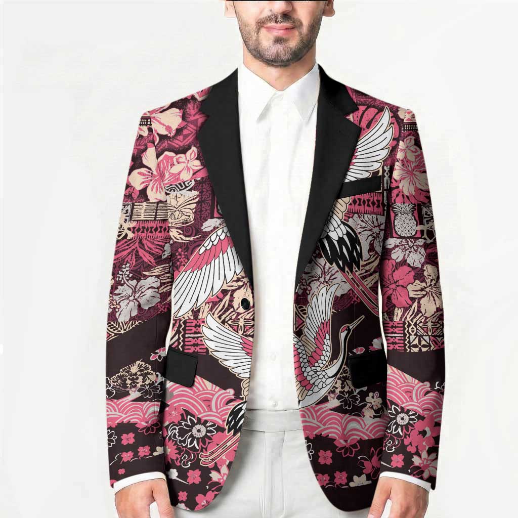Japanese Hawaiian Crane Blazer Soft Pink Tapa Patchwork Pattern