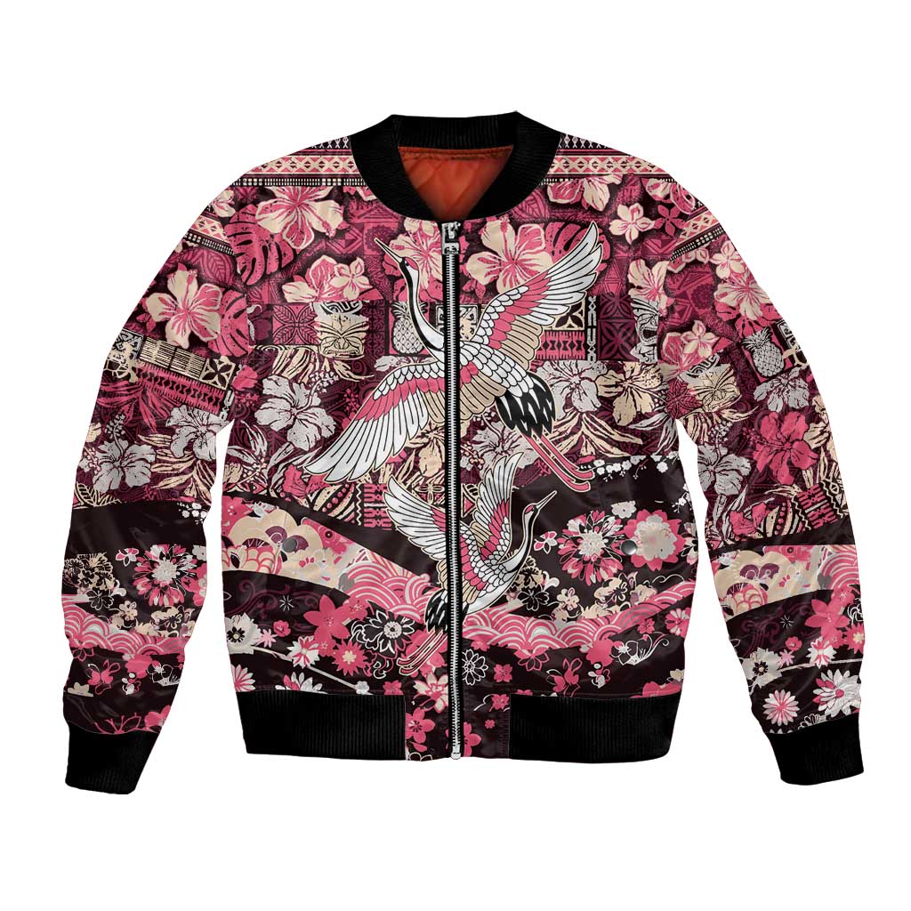 Japanese Hawaiian Crane Bomber Jacket Soft Pink Tapa Patchwork Pattern