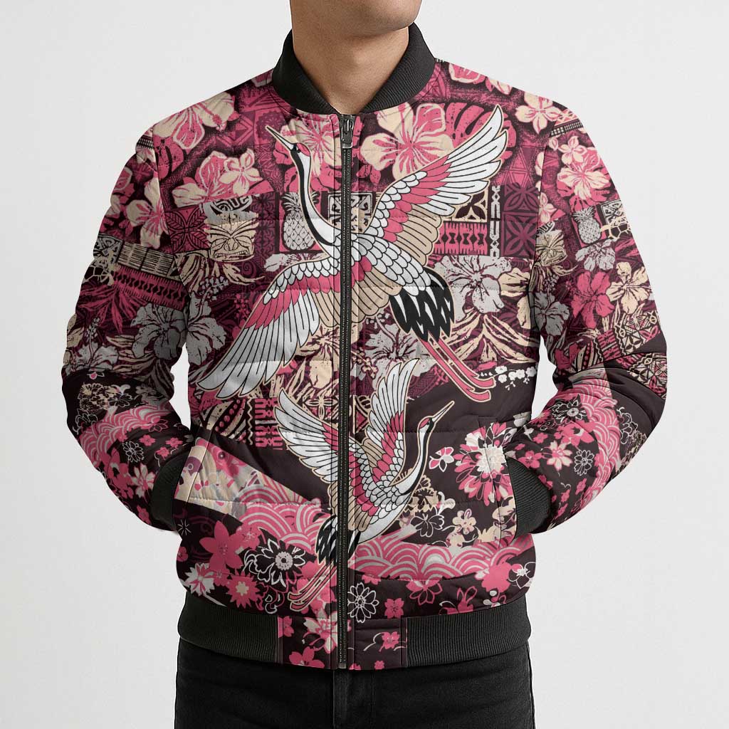 Japanese Hawaiian Crane Bomber Puffer Jacket Soft Pink Tapa Patchwork Pattern