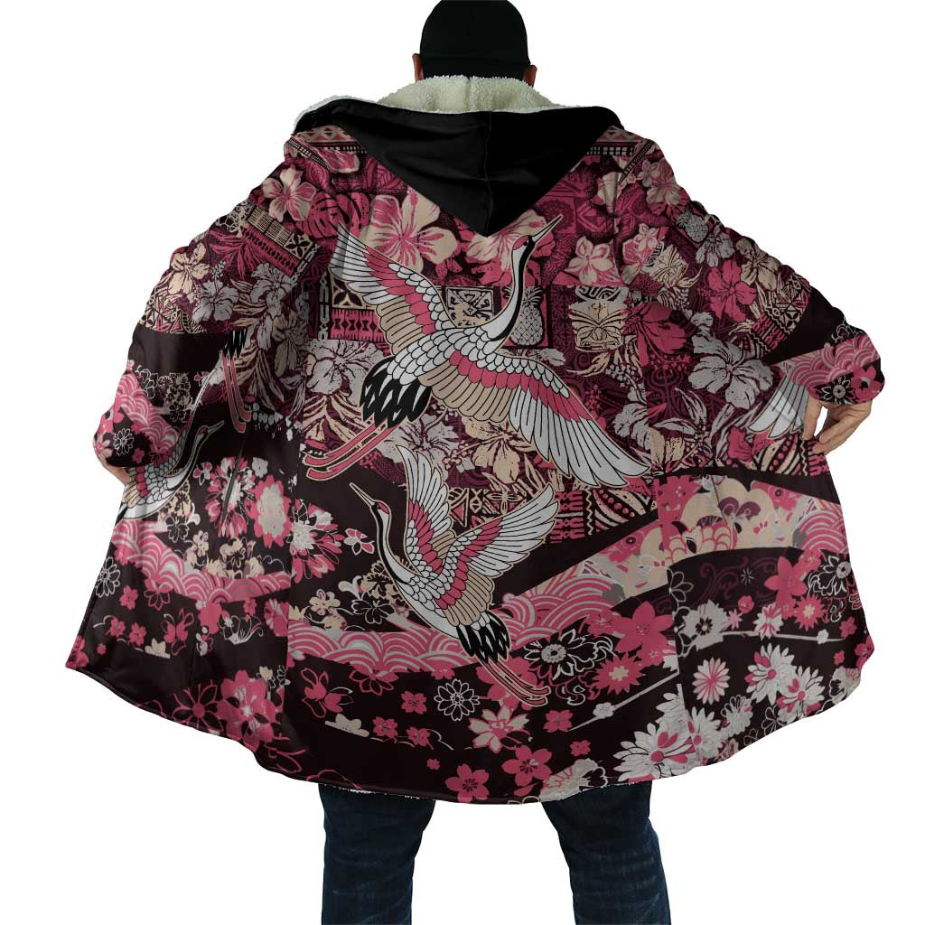 Japanese Hawaiian Crane Cloak Soft Pink Tapa Patchwork Pattern