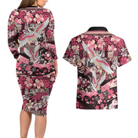 Japanese Hawaiian Crane Couples Matching Long Sleeve Bodycon Dress and Hawaiian Shirt Soft Pink Tapa Patchwork Pattern