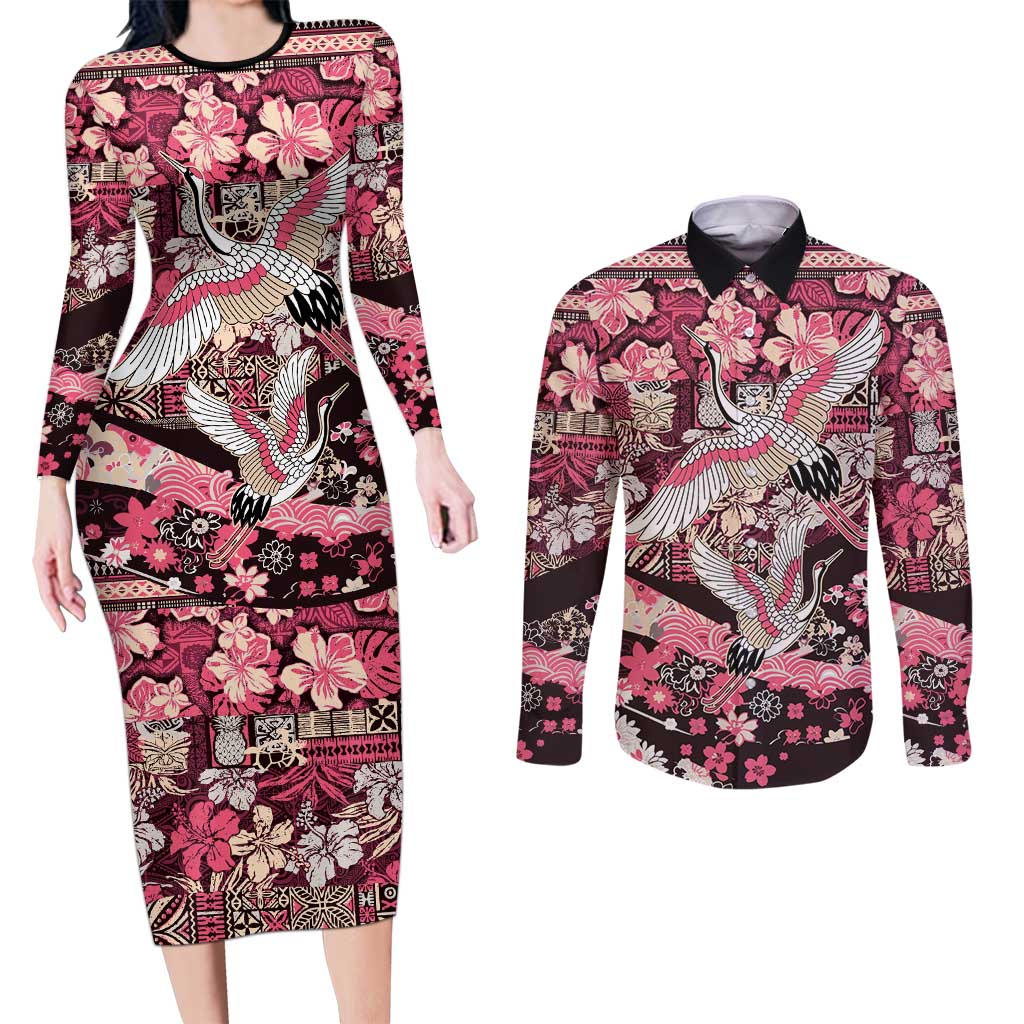 Japanese Hawaiian Crane Couples Matching Long Sleeve Bodycon Dress and Long Sleeve Button Shirt Soft Pink Tapa Patchwork Pattern