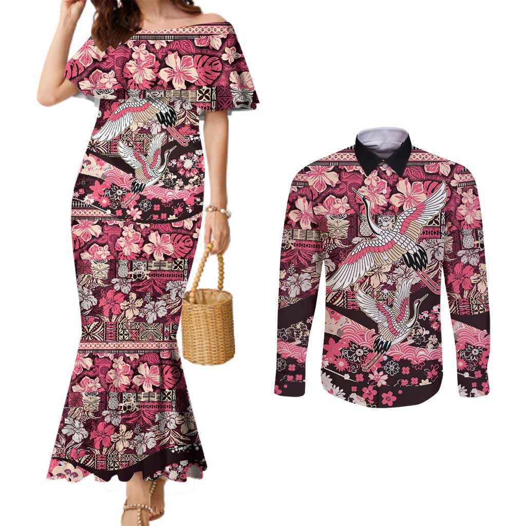 Japanese Hawaiian Crane Couples Matching Mermaid Dress and Long Sleeve Button Shirt Soft Pink Tapa Patchwork Pattern