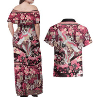 Japanese Hawaiian Crane Couples Matching Off Shoulder Maxi Dress and Hawaiian Shirt Soft Pink Tapa Patchwork Pattern