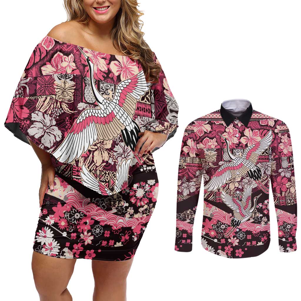 Japanese Hawaiian Crane Couples Matching Off Shoulder Short Dress and Long Sleeve Button Shirt Soft Pink Tapa Patchwork Pattern