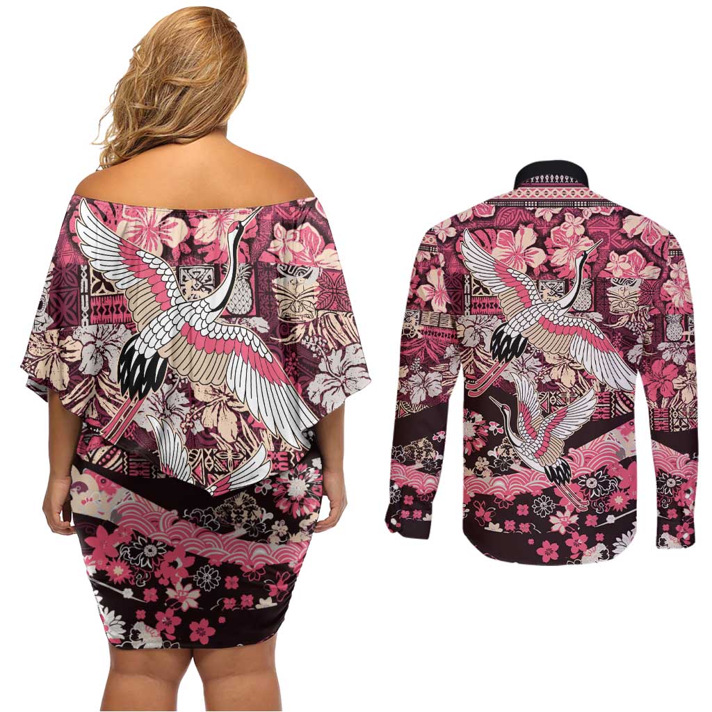 Japanese Hawaiian Crane Couples Matching Off Shoulder Short Dress and Long Sleeve Button Shirt Soft Pink Tapa Patchwork Pattern