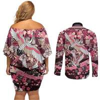 Japanese Hawaiian Crane Couples Matching Off Shoulder Short Dress and Long Sleeve Button Shirt Soft Pink Tapa Patchwork Pattern