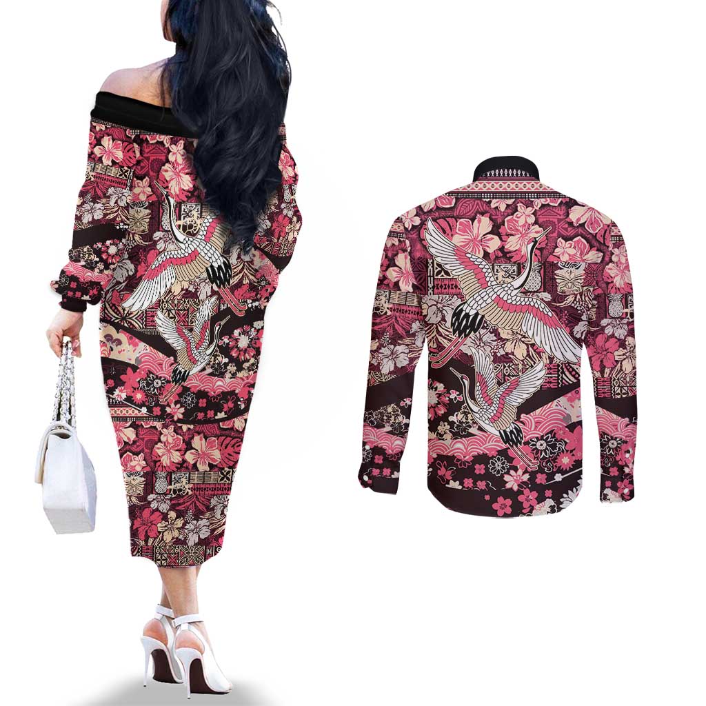 Japanese Hawaiian Crane Couples Matching Off The Shoulder Long Sleeve Dress and Long Sleeve Button Shirt Soft Pink Tapa Patchwork Pattern