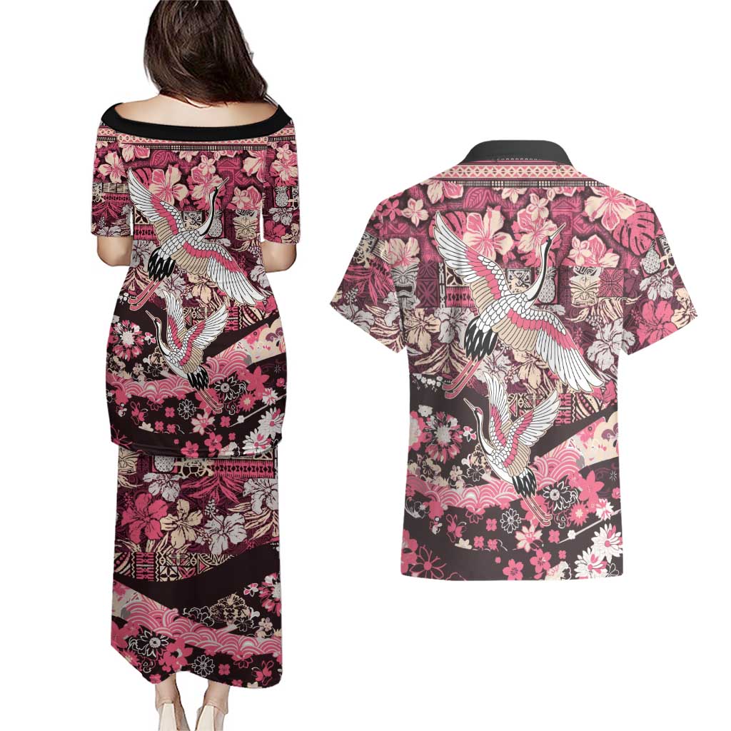 Japanese Hawaiian Crane Couples Matching Puletasi and Hawaiian Shirt Soft Pink Tapa Patchwork Pattern