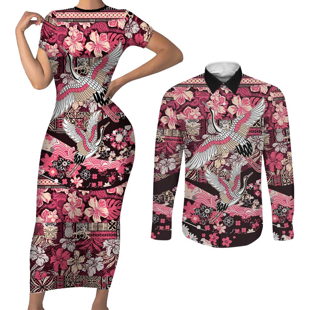 Japanese Hawaiian Crane Couples Matching Short Sleeve Bodycon Dress and Long Sleeve Button Shirt Soft Pink Tapa Patchwork Pattern