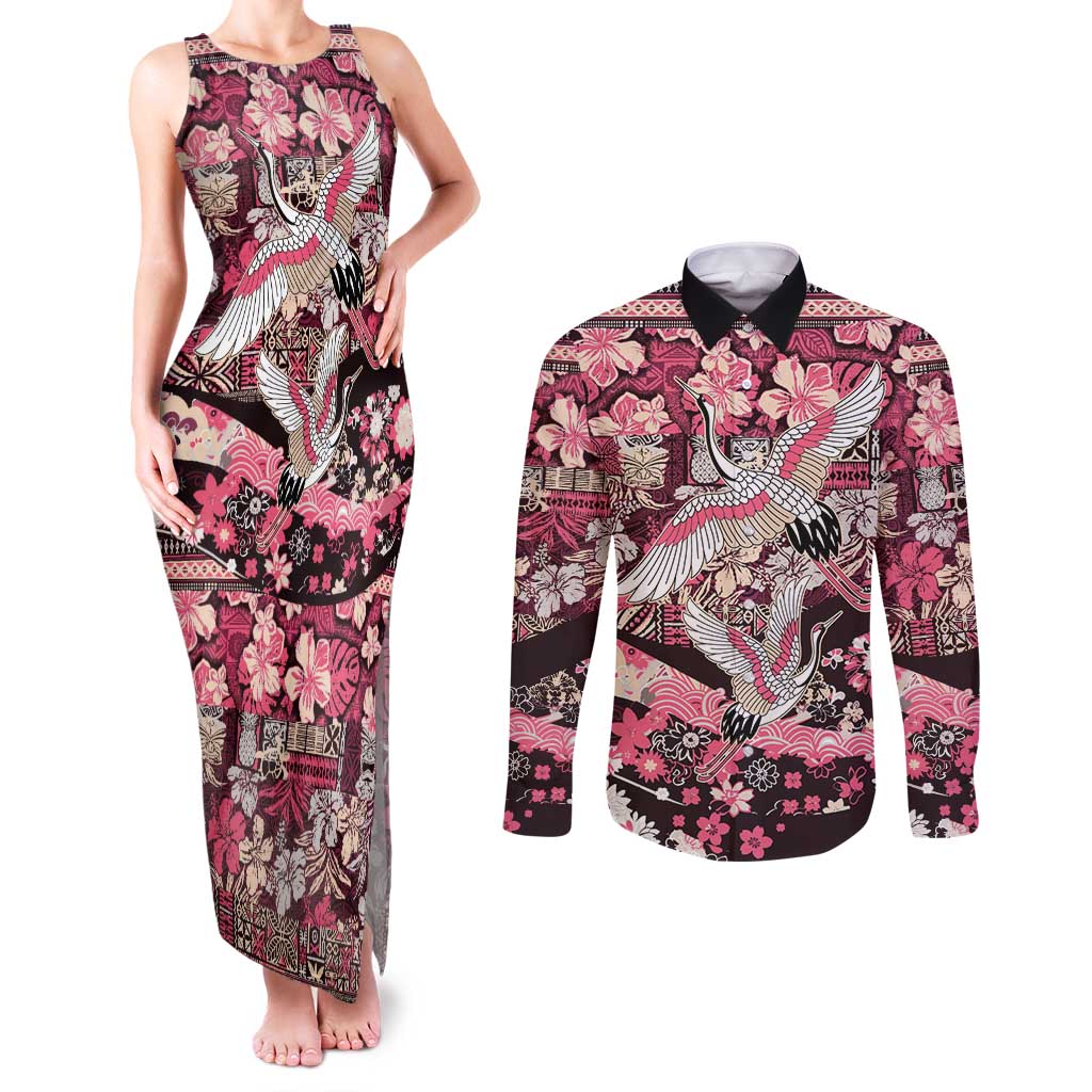 Japanese Hawaiian Crane Couples Matching Tank Maxi Dress and Long Sleeve Button Shirt Soft Pink Tapa Patchwork Pattern