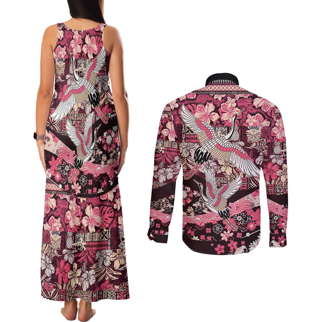 Japanese Hawaiian Crane Couples Matching Tank Maxi Dress and Long Sleeve Button Shirt Soft Pink Tapa Patchwork Pattern