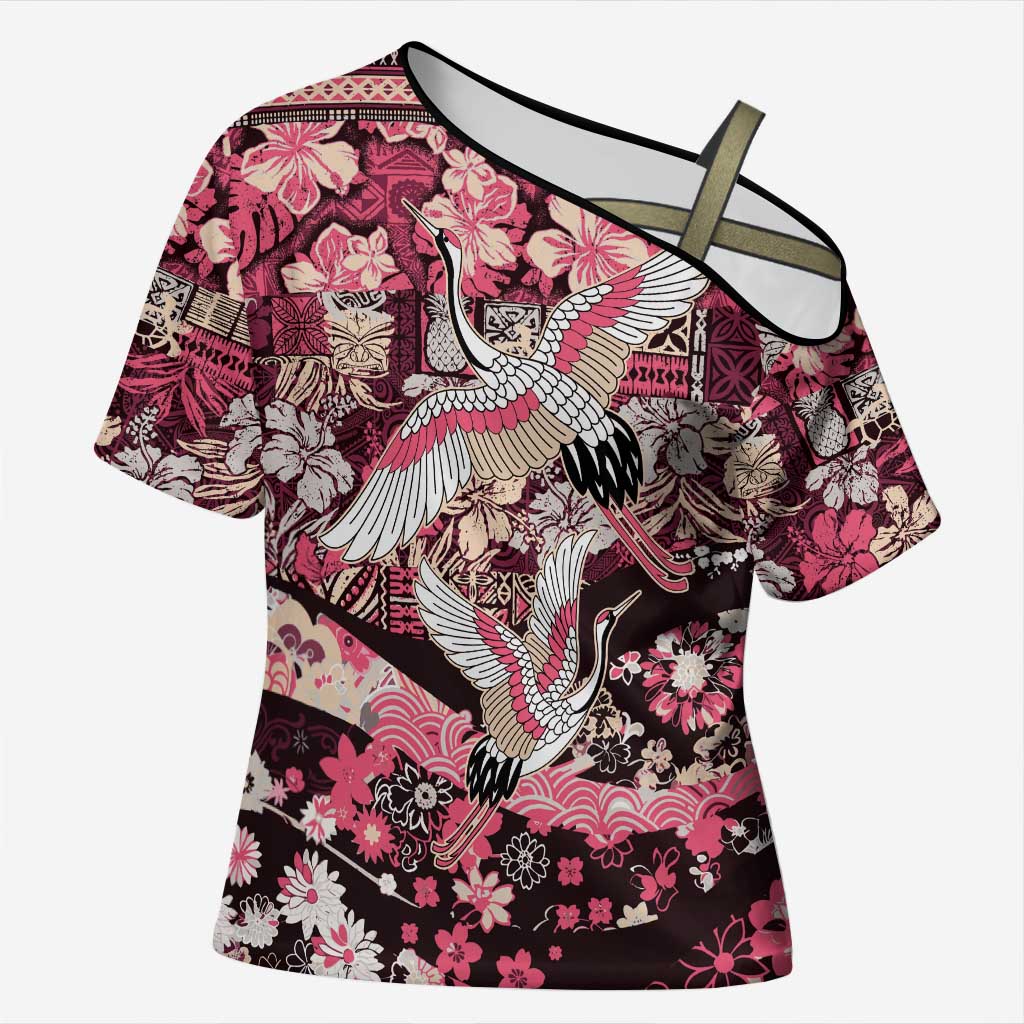 Japanese Hawaiian Crane Cross Shoulder Shirt Soft Pink Tapa Patchwork Pattern