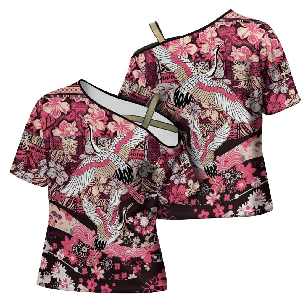 Japanese Hawaiian Crane Cross Shoulder Shirt Soft Pink Tapa Patchwork Pattern