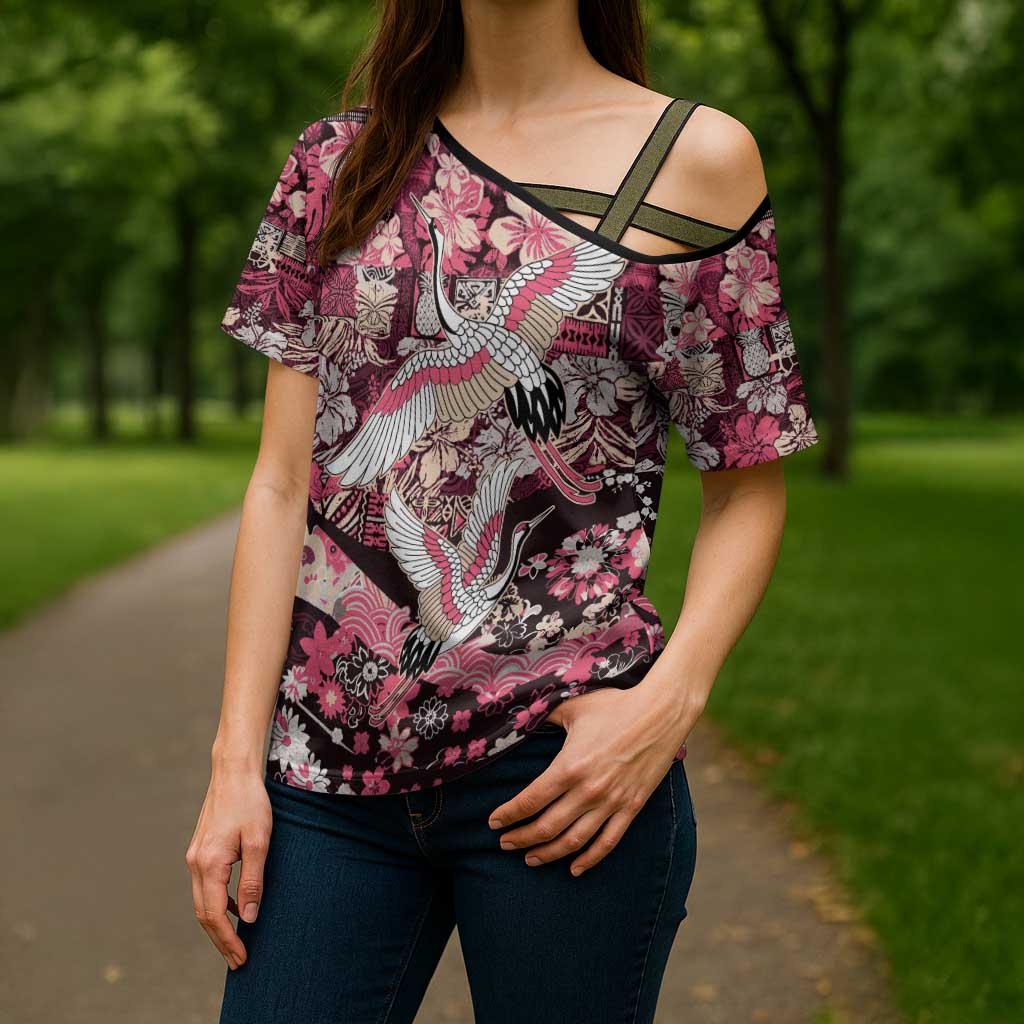 Japanese Hawaiian Crane Cross Shoulder Shirt Soft Pink Tapa Patchwork Pattern