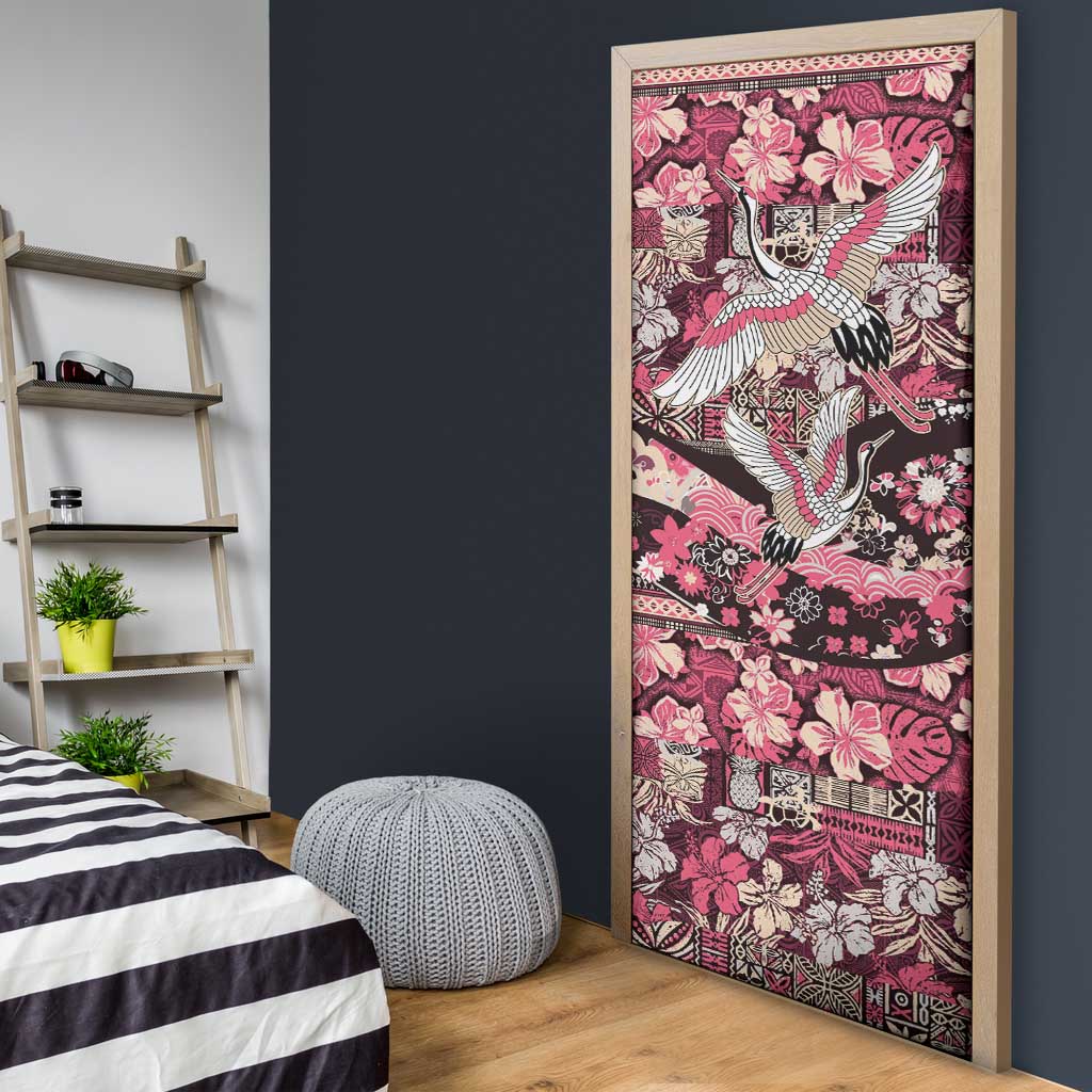 Japanese Hawaiian Crane Door Cover Soft Pink Tapa Patchwork Pattern