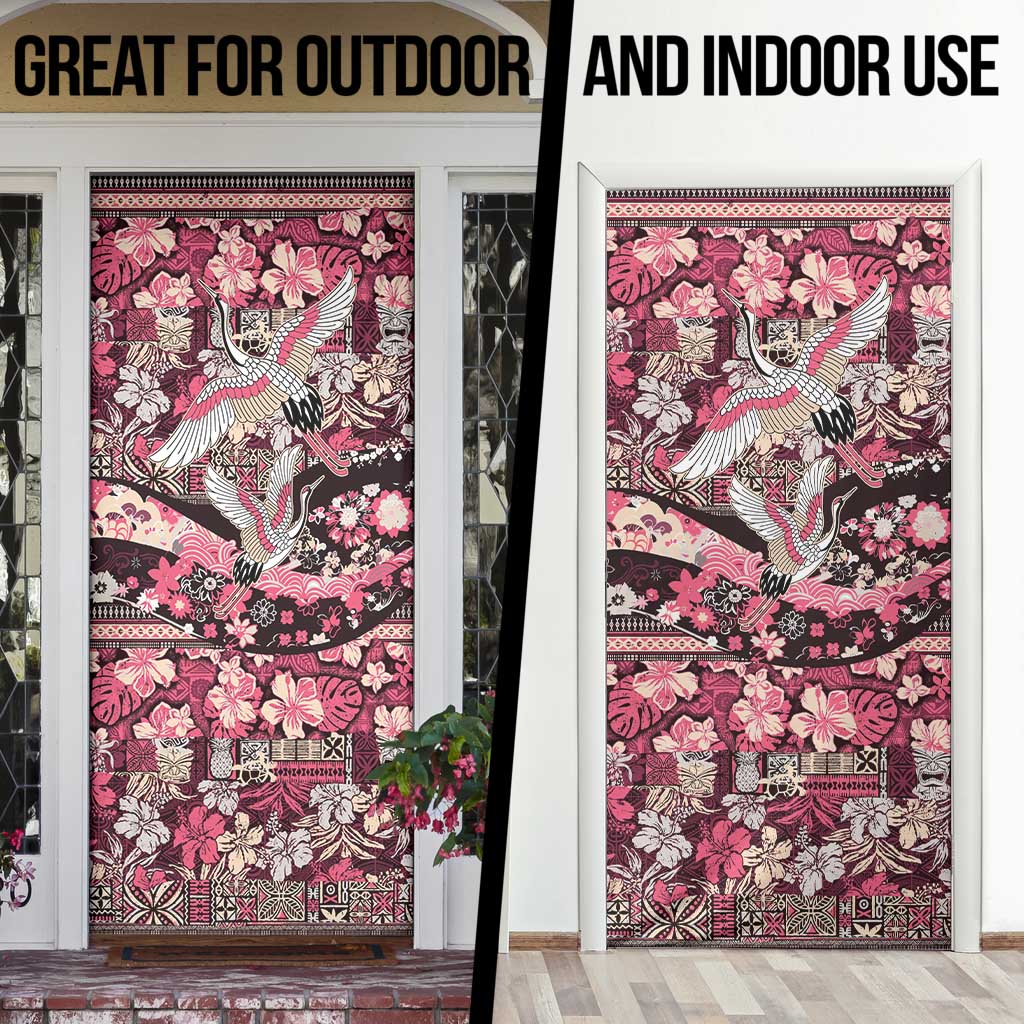 Japanese Hawaiian Crane Door Cover Soft Pink Tapa Patchwork Pattern