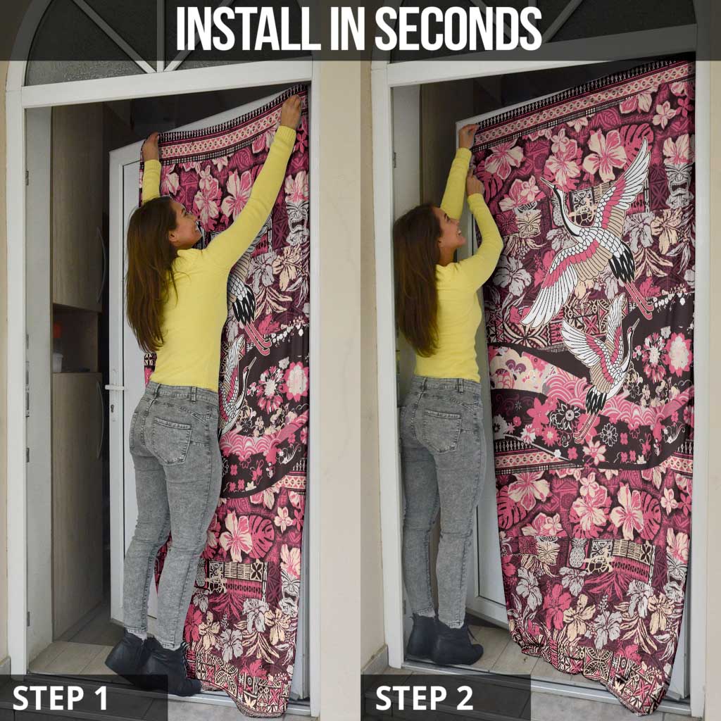 Japanese Hawaiian Crane Door Cover Soft Pink Tapa Patchwork Pattern